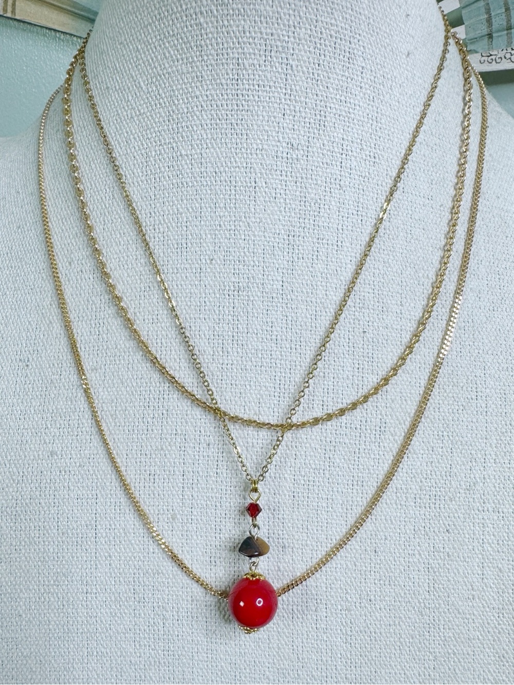 Gold Tone Chain Necklace Bundle Red Glass Bead Tiger’s Eye Chip Layering Dainty